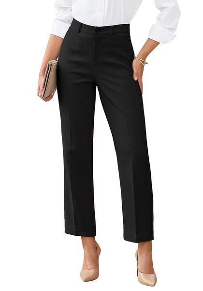 LookbookStore Women Black Ankle Straight Leg Dress Pants, Elastic Waist Business Casual Office Work Trousers with Pockets
