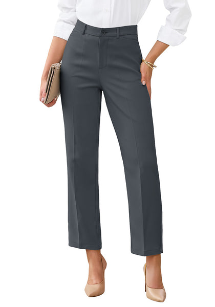 LookbookStore Women Dark Grey Ankle Straight Leg Dress Pants, Elastic Waist Business Casual Office Work Trousers with Pockets