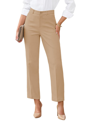 LookbookStore Women Khaki Ankle Straight Leg Dress Pants, Elastic Waist Business Casual Office Work Trousers with Pockets