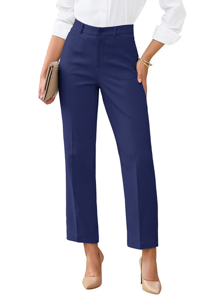 LookbookStore Women Navy Blue Ankle Straight Leg Dress Pants, Elastic Waist Business Casual Office Work Trousers with Pockets