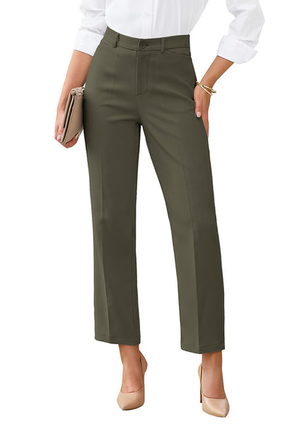 LookbookStore Women Olive Green Ankle Straight Leg Dress Pants, Elastic Waist Business Casual Office Work Trousers with Pockets