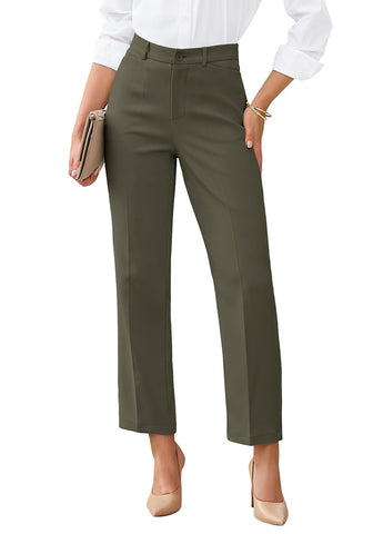 LookbookStore Women Olive Green Ankle Straight Leg Dress Pants, Elastic Waist Business Casual Office Work Trousers with Pockets