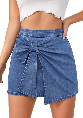 LookbookStore Medium Blue High Waist Jean Skorts for Women, Bow Decor Stretch Denim Mini Skirt with Built-in Shorts, Casual Country Concert Wear