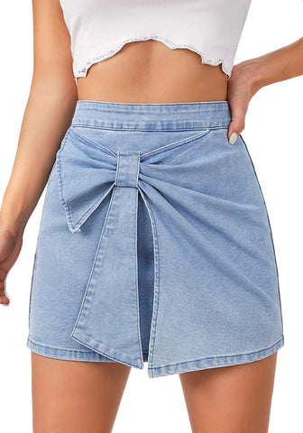 LookbookStore Modern Blue High Waist Jean Skorts for Women, Bow Decor Stretch Denim Mini Skirt with Built-in Shorts, Casual Country Concert Wear