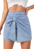LookbookStore Modern Blue High Waist Jean Skorts for Women, Bow Decor Stretch Denim Mini Skirt with Built-in Shorts, Casual Country Concert Wear