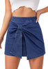 LookbookStore Darkness Blue High Waist Jean Skorts for Women, Bow Decor Stretch Denim Mini Skirt with Built-in Shorts, Casual Country Concert Wear