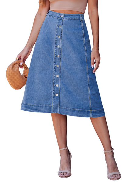 LookbookStore Women's Classic Blue Trendy Midi A-Line Denim Skirt – Stretchy Western Casual Button Down Style with Convenient Pockets