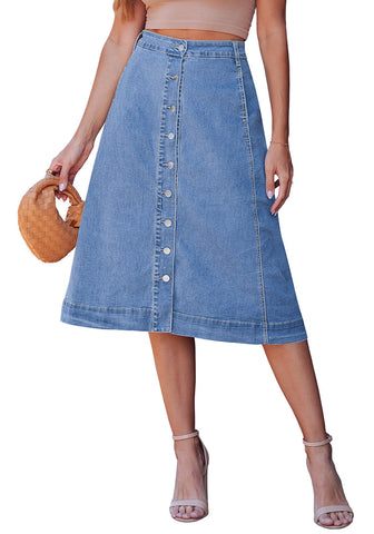 LookbookStore Women's Medium Blue Trendy Midi A-Line Denim Skirt – Stretchy Western Casual Button Down Style with Convenient Pockets