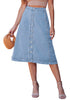 LookbookStore Women's  Modern Blue Trendy Midi A-Line Denim Skirt – Stretchy Western Casual Button Down Style with Convenient Pockets