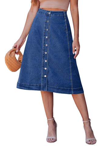 LookbookStore Women's Darkness Blue Trendy Midi A-Line Denim Skirt – Stretchy Western Casual Button Down Style with Convenient Pockets