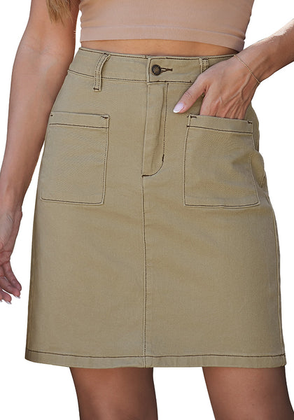 LookbookStore Women's Pale Khaki High Waisted A-Line Denim Skirt Trendy Stretchy Short Skirt with Contrast Stitching and Patch Pockets