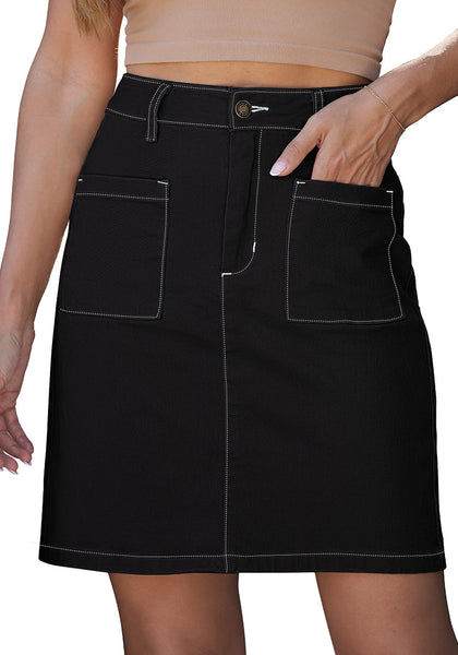 LookbookStore Women's Black High Waisted A-Line Denim Skirt Trendy Stretchy Short Skirt with Contrast Stitching and Patch Pockets