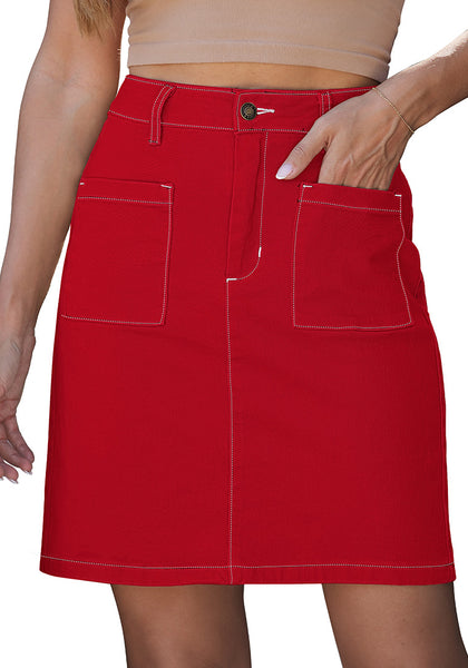 LookbookStore Women's Red High Waisted A-Line Denim Skirt Trendy Stretchy Short Skirt with Contrast Stitching and Patch Pockets