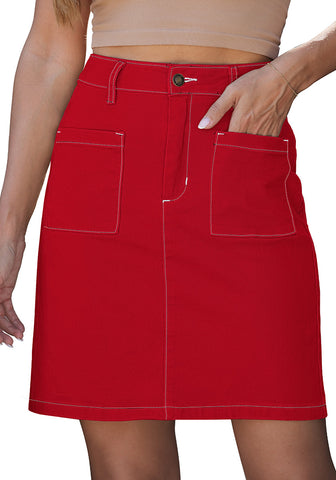 LookbookStore Women's Red High Waisted A-Line Denim Skirt Trendy Stretchy Short Skirt with Contrast Stitching and Patch Pockets