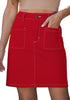 LookbookStore Women's Red High Waisted A-Line Denim Skirt Trendy Stretchy Short Skirt with Contrast Stitching and Patch Pockets