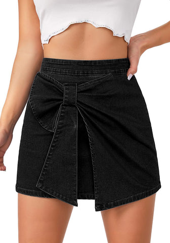 LookbookStore True Black High Waist Jean Skorts for Women, Bow Decor Stretch Denim Mini Skirt with Built-in Shorts, Casual Country Concert Wear
