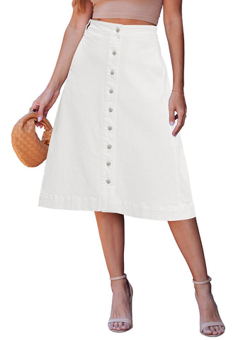 LookbookStore Women's Cream White Trendy Midi A-Line Denim Skirt – Stretchy Western Casual Button Down Style with Convenient Pockets