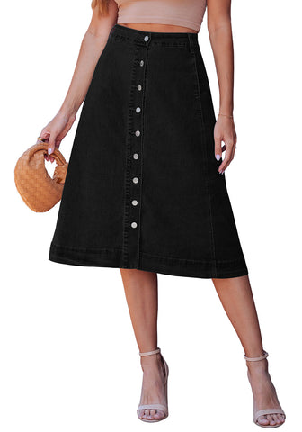 LookbookStore Women's True Black Trendy Midi A-Line Denim Skirt – Stretchy Western Casual Button Down Style with Convenient Pockets