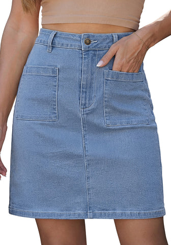 LookbookStore Women's Medium Blue High Waisted A-Line Denim Skirt Trendy Stretchy Short Skirt with Contrast Stitching and Patch Pockets