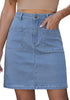 LookbookStore Women's Medium Blue High Waisted A-Line Denim Skirt Trendy Stretchy Short Skirt with Contrast Stitching and Patch Pockets