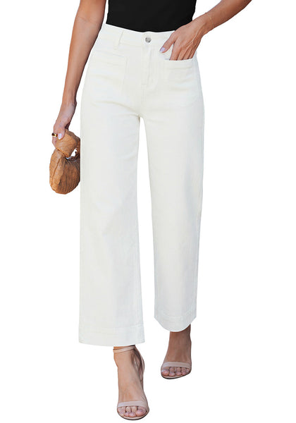 LookbookStore Women's Cream White Cropped Wide Leg Jeans High Waisted Baggy Straight Stretch Denim Pants With Patch Pockets