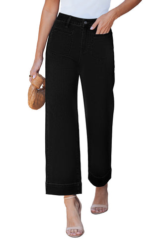 LookbookStore Women's True Black Cropped Wide Leg Jeans High Waisted Baggy Straight Stretch Denim Pants With Patch Pockets