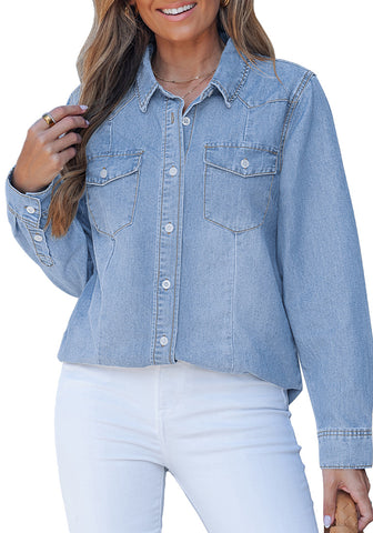 LookbookStore Women's Indigo Skyblue Long Sleeve Button Down Denim Shirt Relaxed Fit Chambray Western Style Casual Collared Jean Top