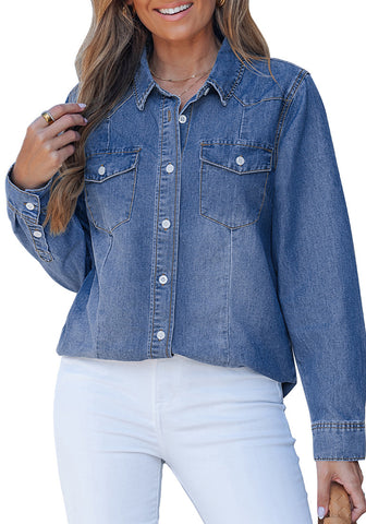 LookbookStore Women's Indigo Classic Blue Long Sleeve Button Down Denim Shirt Relaxed Fit Chambray Western Style Casual Collared Jean Top