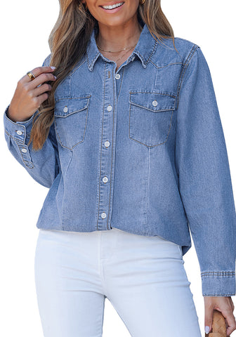 LookbookStore Women's Indigo Medium Blue Long Sleeve Button Down Denim Shirt Relaxed Fit Chambray Western Style Casual Collared Jean Top