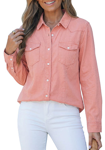 LookbookStore Women's Aurora Pink Long Sleeve Button Down Denim Shirt Relaxed Fit Chambray Western Style Casual Collared Jean Top