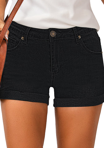 Black Women's High Waisted Rolled Hem Distressed Jeans Ripped Denim Shorts