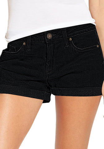 Black Women's High Waisted Rolled Hem Distressed Jeans Ripped Denim Shorts