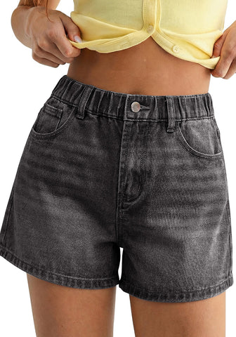 LookbookStore Vintage Black High Waisted Baggy Wide Leg Denim Shorts Women Elastic Waist Mom Jorts 4" Inseam Summer Casual