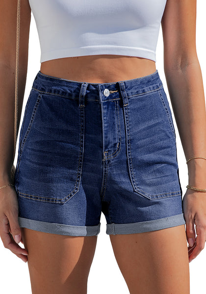 LookbookStore Darkness Blue Women's High Waisted Stretch Denim Shorts with Patch Pockets Rolled Cuff Casual Summer Staple