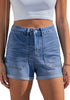 LookbookStore Medium Blue Women's High Waisted Stretch Denim Shorts with Patch Pockets Rolled Cuff Casual Summer Staple