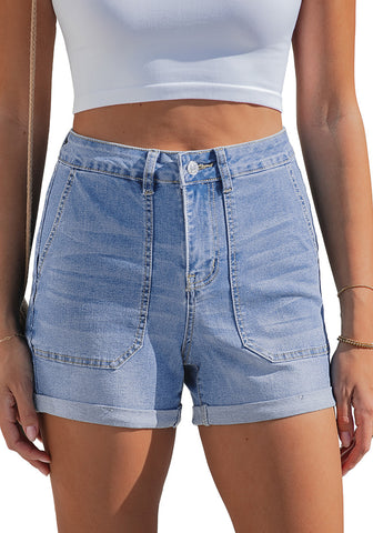 LookbookStore Modern Blue Women's High Waisted Stretch Denim Shorts with Patch Pockets Rolled Cuff Casual Summer Staple