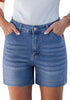 LookbookStore Women's Medium Blue High Waist Stretchy Denim Shorts, 5 Inch Inseam Trendy Summer Casual Jean Jorts with Pockets
