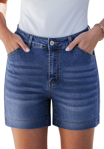 LookbookStore Women's Classic Blue High Waist Stretchy Denim Shorts, 5 Inch Inseam Trendy Summer Casual Jean Jorts with Pockets