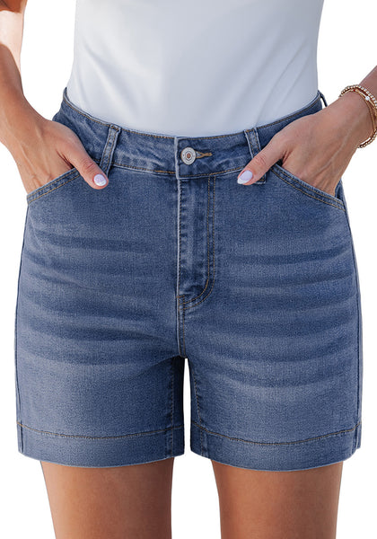 LookbookStore Women's Bay Blue High Waist Stretchy Denim Shorts, 5 Inch Inseam Trendy Summer Casual Jean Jorts with Pockets