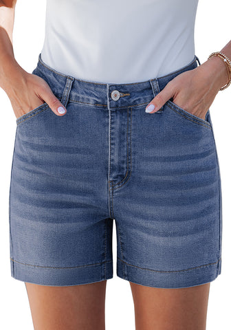 LookbookStore Women's Bay Blue High Waist Stretchy Denim Shorts, 5 Inch Inseam Trendy Summer Casual Jean Jorts with Pockets