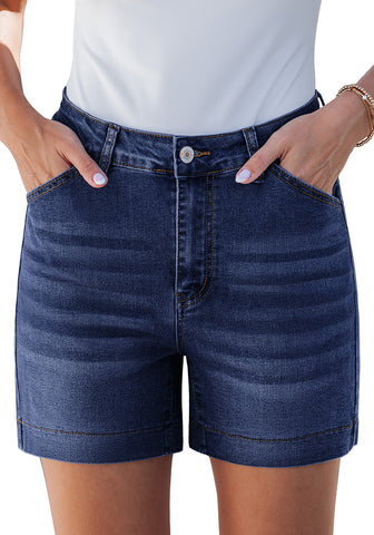 LookbookStore Women's Darkness Blue High Waist Stretchy Denim Shorts, 5 Inch Inseam Trendy Summer Casual Jean Jorts with Pockets