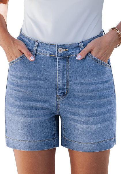 LookbookStore Women's Seaside Blue High Waist Stretchy Denim Shorts, 5 Inch Inseam Trendy Summer Casual Jean Jorts with Pockets