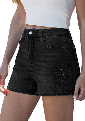 LookbookStore Women Washed Black High Waist Eyelet Embroidered Wide Leg Denim Shorts Stretchy Summer Mid Thigh Jean Shorts