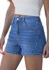 LookbookStore Women Medium Blue High Waist Eyelet Embroidered Wide Leg Denim Shorts Stretchy Summer Mid Thigh Jean Shorts