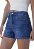 LookbookStore Women Classic Blue High Waist Eyelet Embroidered Wide Leg Denim Shorts Stretchy Summer Mid Thigh Jean Shorts