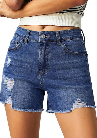 LookbookStore Women's Darkness Blue Trendy High Waisted Jean Shorts - Ripped Distressed Raw Hem Stretchy Denim for Country Concerts