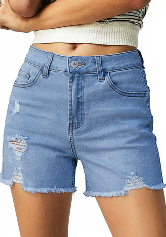 LookbookStore Women's Cody Blue Trendy High Waisted Jean Shorts - Ripped Distressed Raw Hem Stretchy Denim for Country Concerts