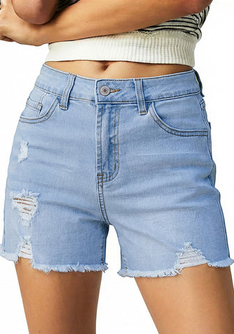 LookbookStore Women's Airy Blue Trendy High Waisted Jean Shorts - Ripped Distressed Raw Hem Stretchy Denim for Country Concerts
