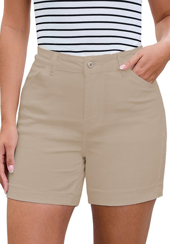 LookbookStore Women's Khaki Sand High Waist Stretchy Denim Shorts, 5 Inch Inseam Trendy Summer Casual Jean Jorts with Pockets