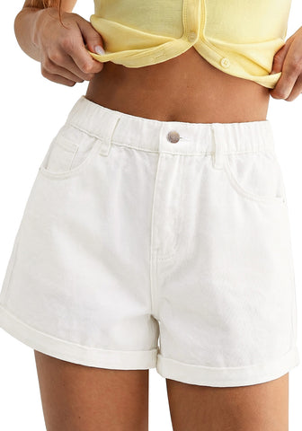 LookbookStore Cream White High Waisted Baggy Wide Leg Denim Shorts Women Elastic Waist Mom Jorts 4" Inseam Summer Casual